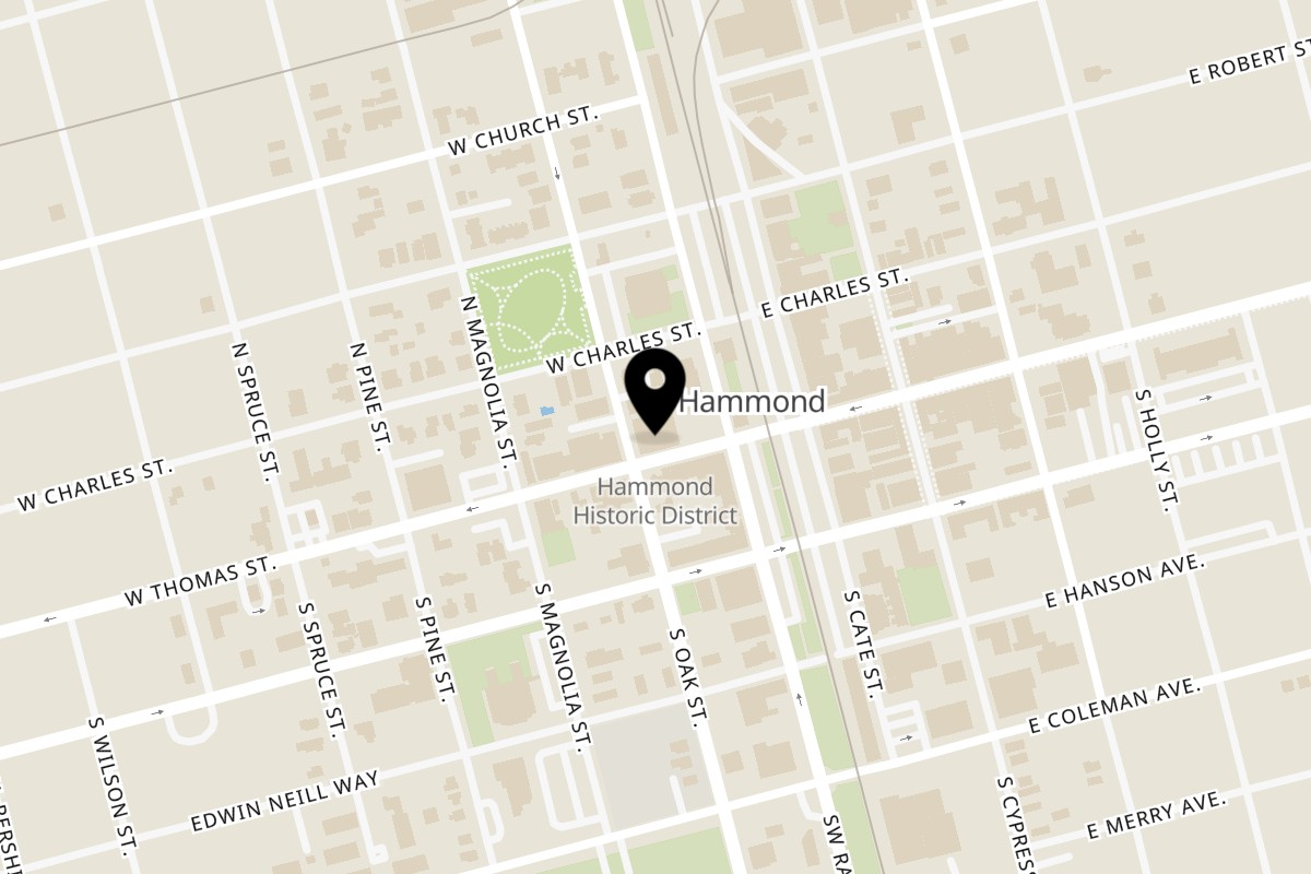 Map showing the location of Lighthouse Coastal Brasserie on 116 W Thomas St in Hammond